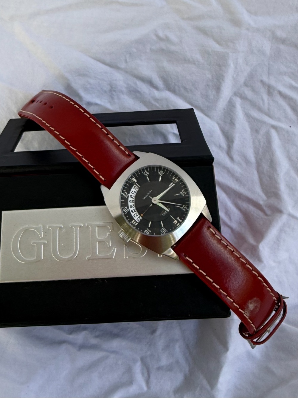 Vintage GUESS Red Leather Watch | Black Dial | Original Box | Japan Quartz